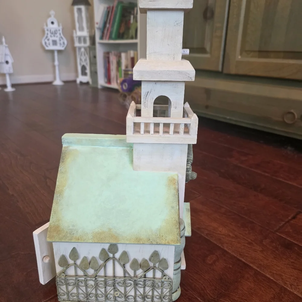 Decorative White and Sage Green Wooden Birdhouse Accent. Wood And Tall - Picture 3 of 5